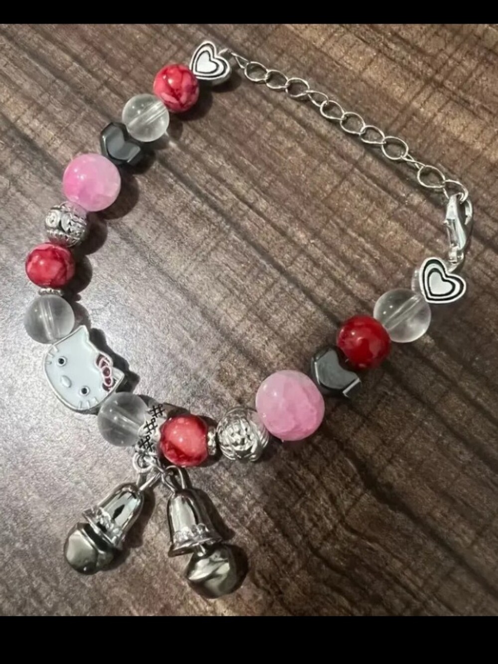 Hello Kitty Sanrio Charm Bracelet Hearts & Bells - Light & Dark Pink Beads - New